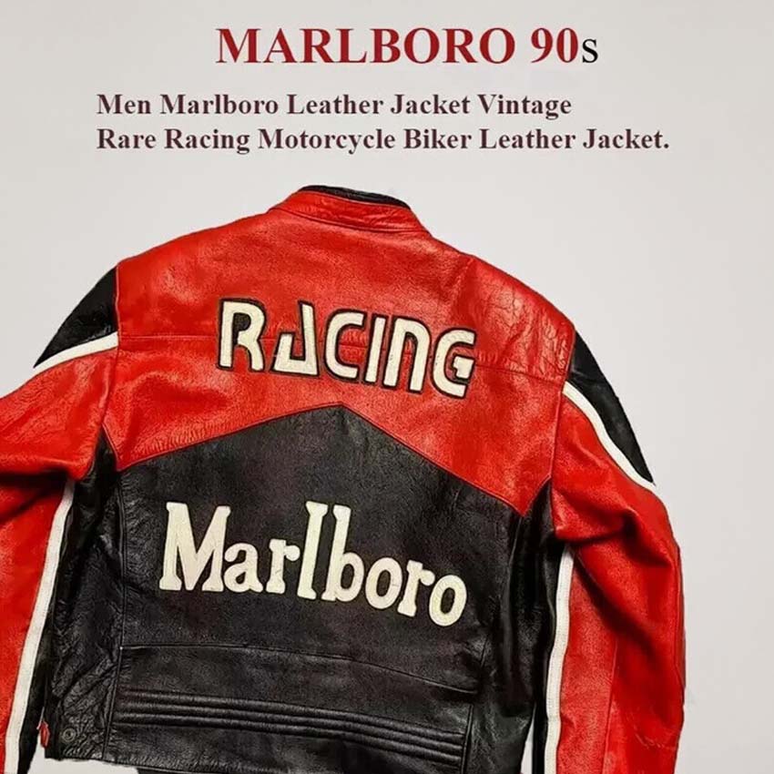 Marlboro Vintage Red & Black Leather Racing Biker Jacket