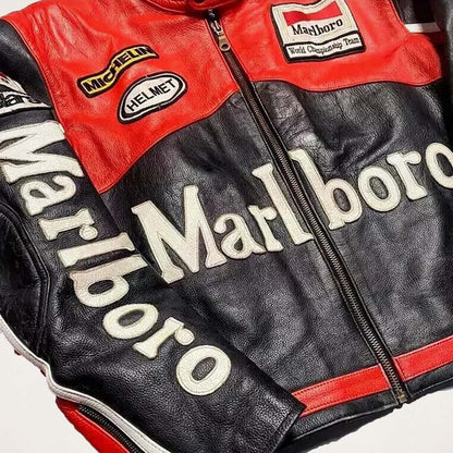 Marlboro Vintage Red & Black Leather Racing Biker Jacket