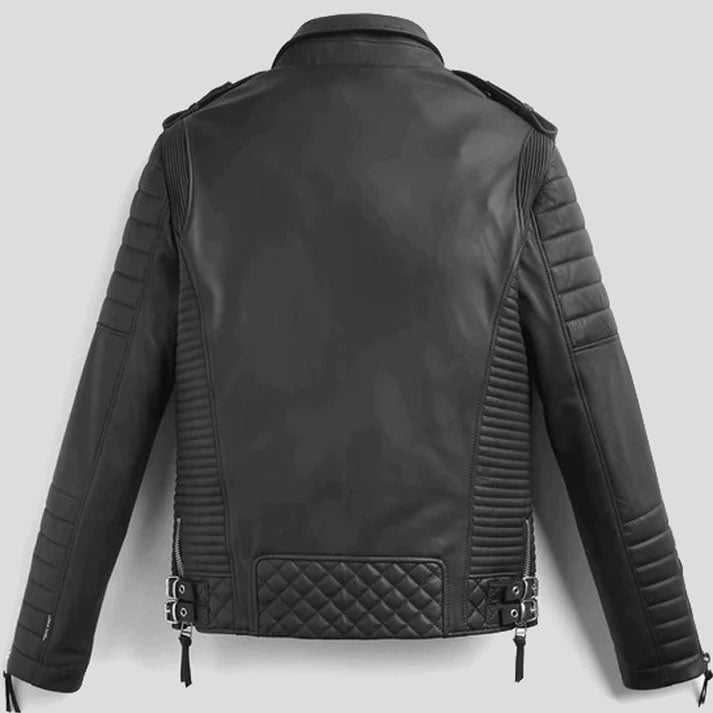 Men's Black Quilted Biker Leather Jacket With Zippers