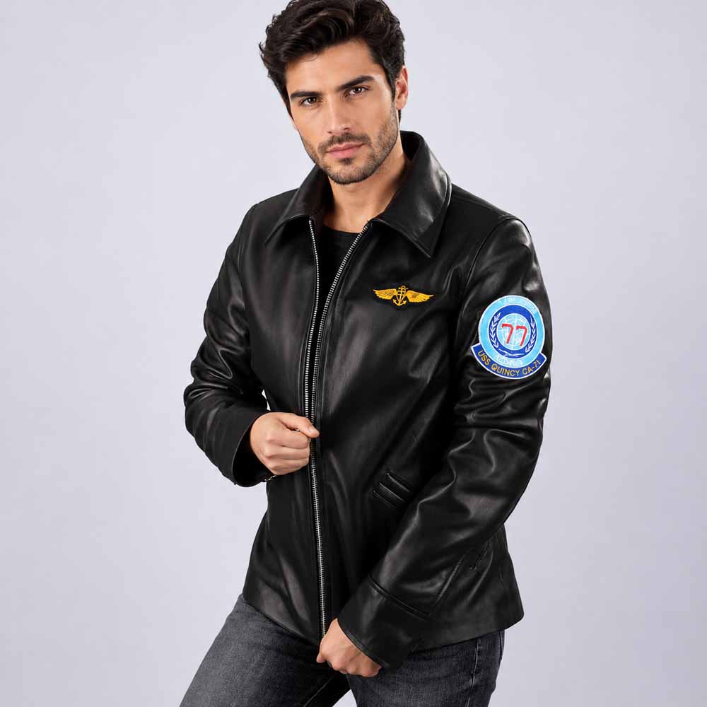 Men Black Sheepskin Leather Flight Jacket with Embroidered Aviation Patches