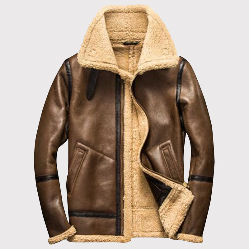 Men's Brown Bomber Shearling Jacket - Timeless Elegance