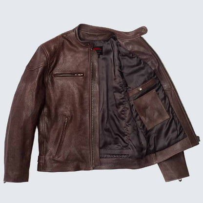 Men Brown Full Grain Lambskin Cafe Racer Jacket with Quilted Lining