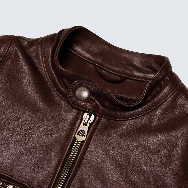 Men Brown Full Grain Lambskin Cafe Racer Jacket with Quilted Lining