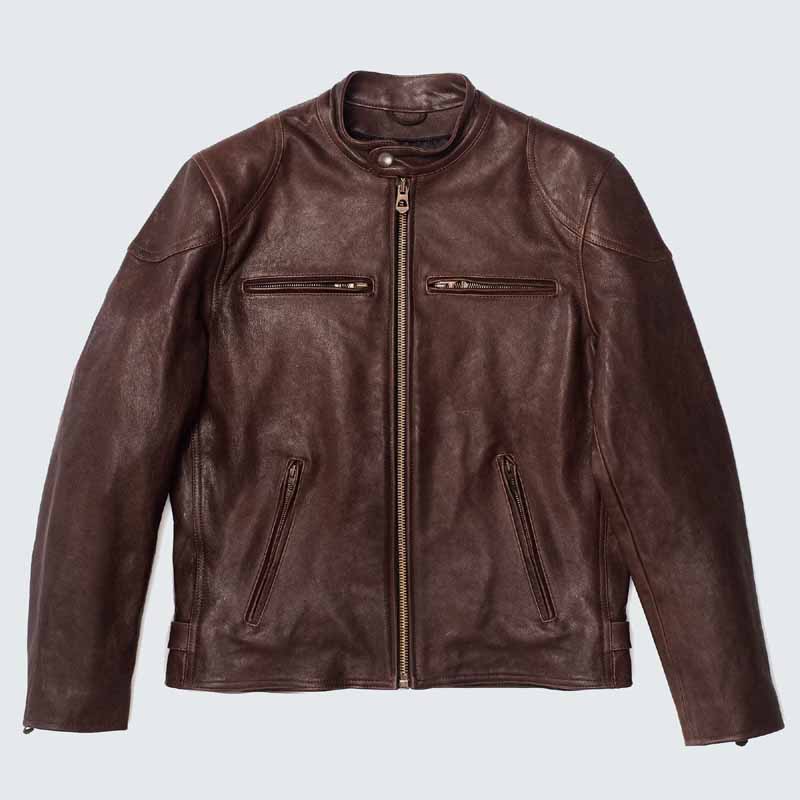 Men Brown Full Grain Lambskin Cafe Racer Jacket with Quilted Lining