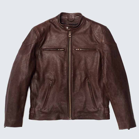 Men Brown Full Grain Lambskin Cafe Racer Jacket with Quilted Lining