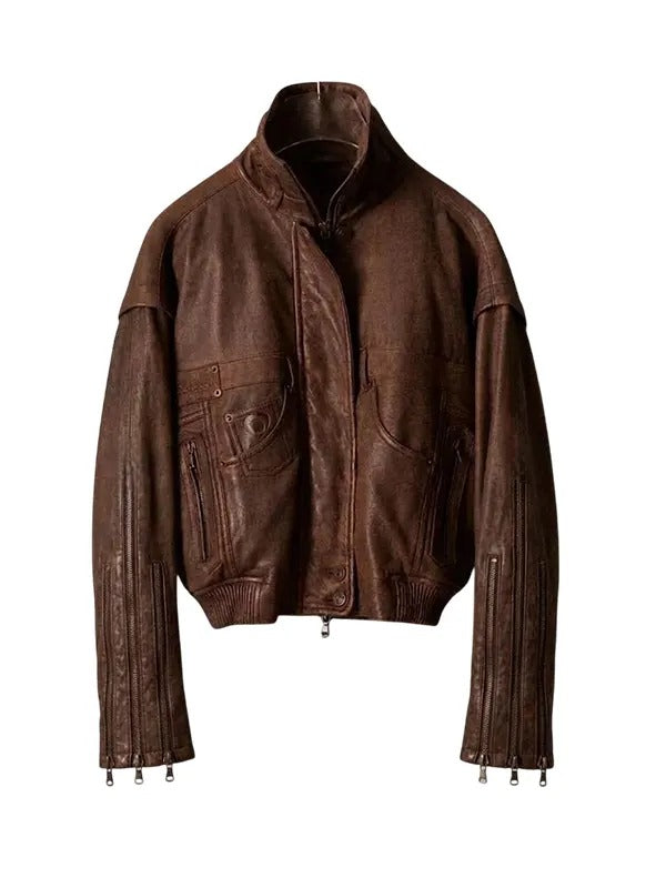 Men Brown Distressed Vintage Leather Bomber Jacket