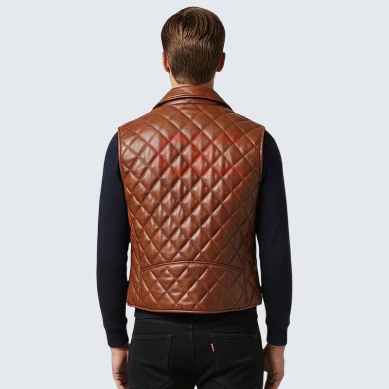 Men Brown Full Grain Leather Biker Vest with Quilted Western Style