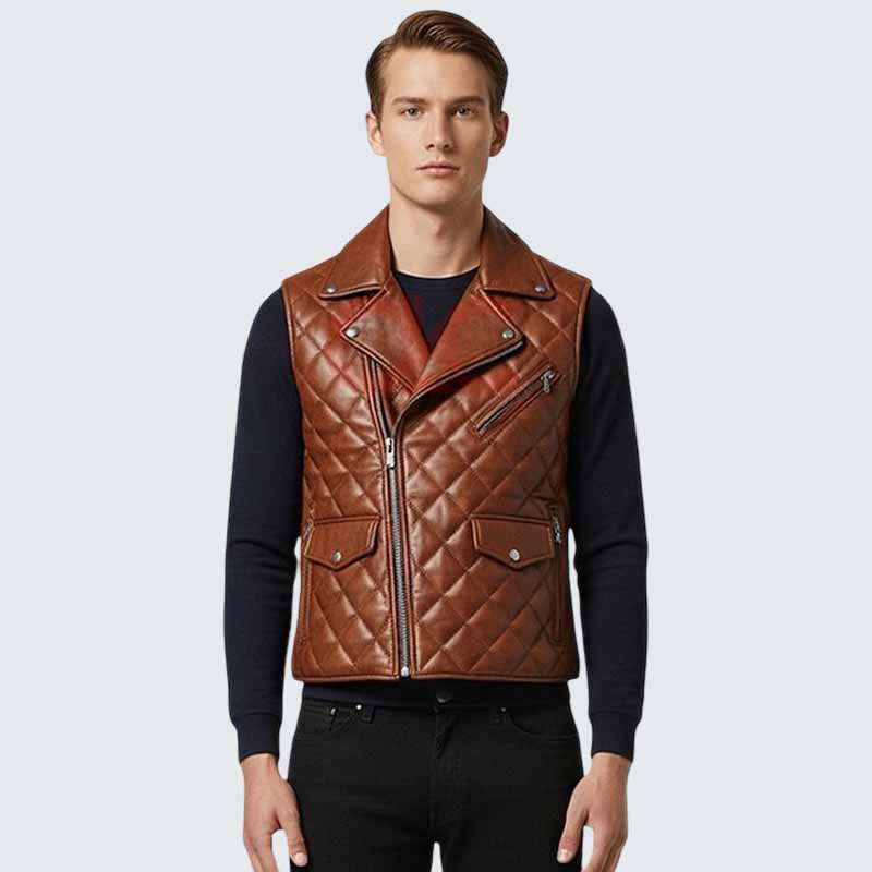 Men Brown Full Grain Leather Biker Vest with Quilted Western Style