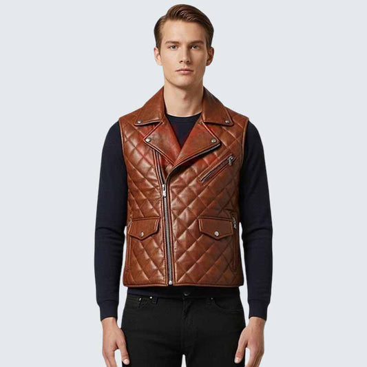Men Brown Full Grain Leather Biker Vest with Quilted Western Style