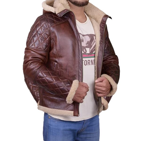 Men Brown Shearling Jacket with Hoodie