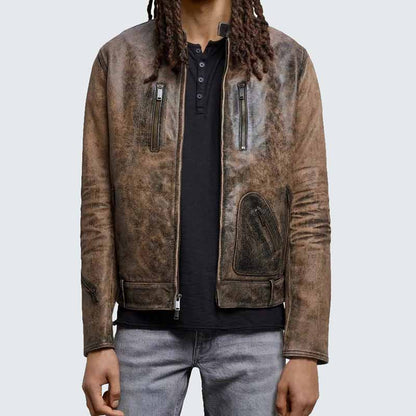 Men Desert Sand Goatskin Leather Racer Jacket with Vintage Crackle Finish