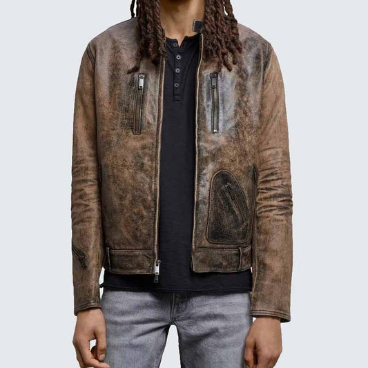 Men Desert Sand Goatskin Leather Racer Jacket with Vintage Crackle Finish