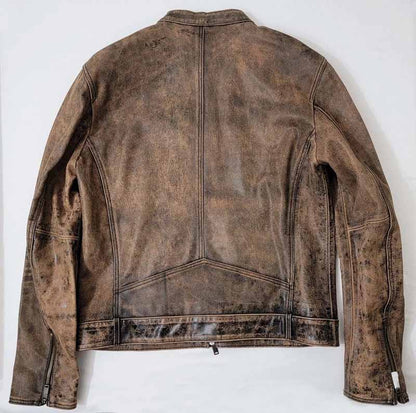 Men Desert Sand Goatskin Leather Racer Jacket with Vintage Crackle Finish