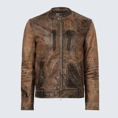 Men Desert Sand Goatskin Leather Racer Jacket with Vintage Crackle Finish