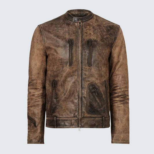 Men Desert Sand Goatskin Leather Racer Jacket with Vintage Crackle Finish