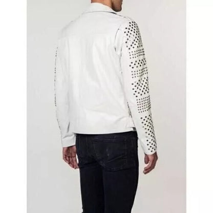 Men Leather White Jacket - Punk Studded Motorcycle Jacket