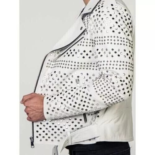 Men Leather White Jacket - Punk Studded Motorcycle Jacket