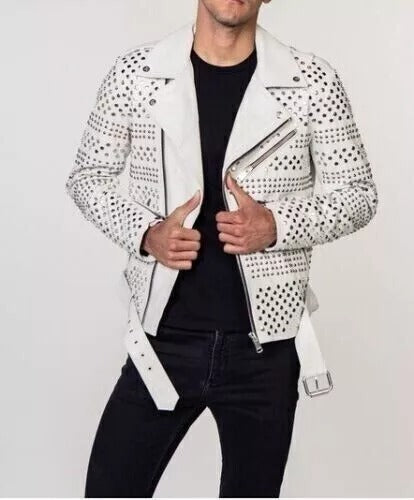 Men Leather White Jacket - Punk Studded Motorcycle Jacket