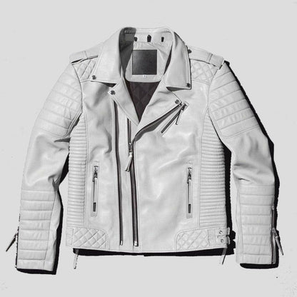 Men White Pearl Biker Leather Motorcycle Jacket - Stylish and Striking