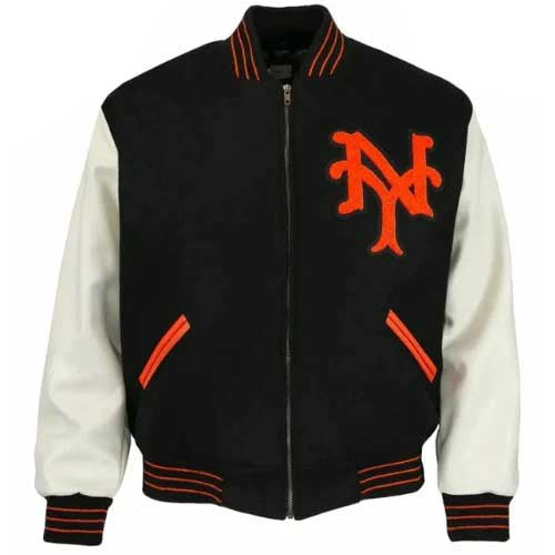 Mens 1951 New York Giants Black Wool Varsity Jacket with White Leather Sleeves