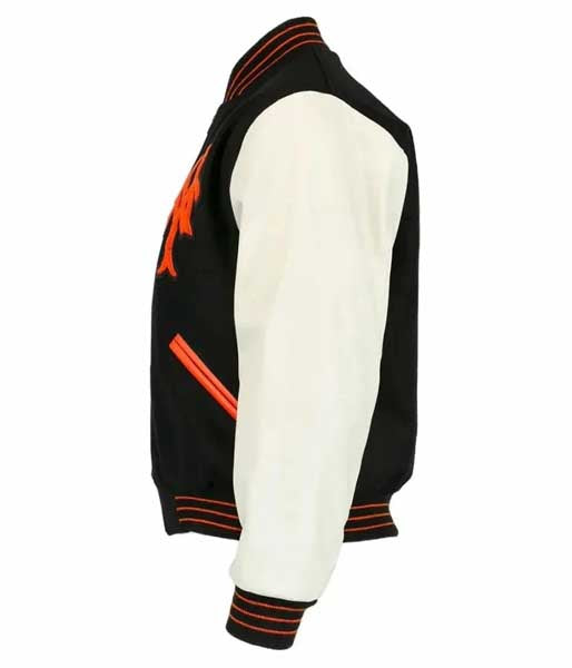 Mens 1951 New York Giants Black Wool Varsity Jacket with White Leather Sleeves
