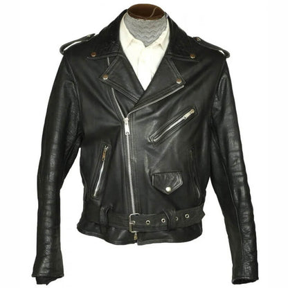 Men’s 1960s Motorcycle Belted Black Leather Jacket