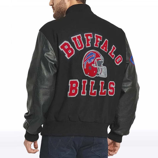 Men’s 90s Buffalo Bills Black Varsity Jacket – Retro NFL Style in Wool & Leather
