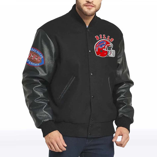 90s Buffalo Bills Varsity Jacket – Men’s Black Wool Leather Jacket