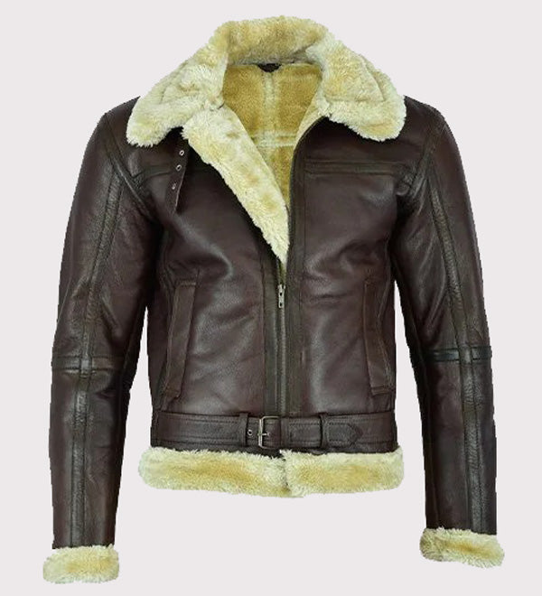 Men's Aviator Bomber Leather Jacket with Fur Collar!
