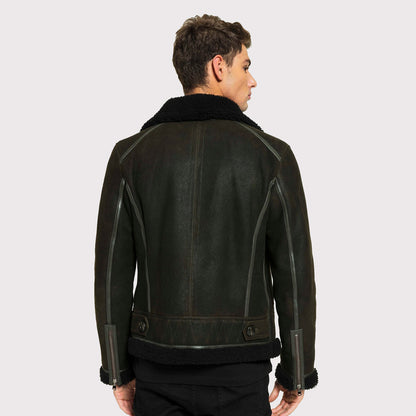 Stylish Men's Aviator Shearling Jacket - Green & Black