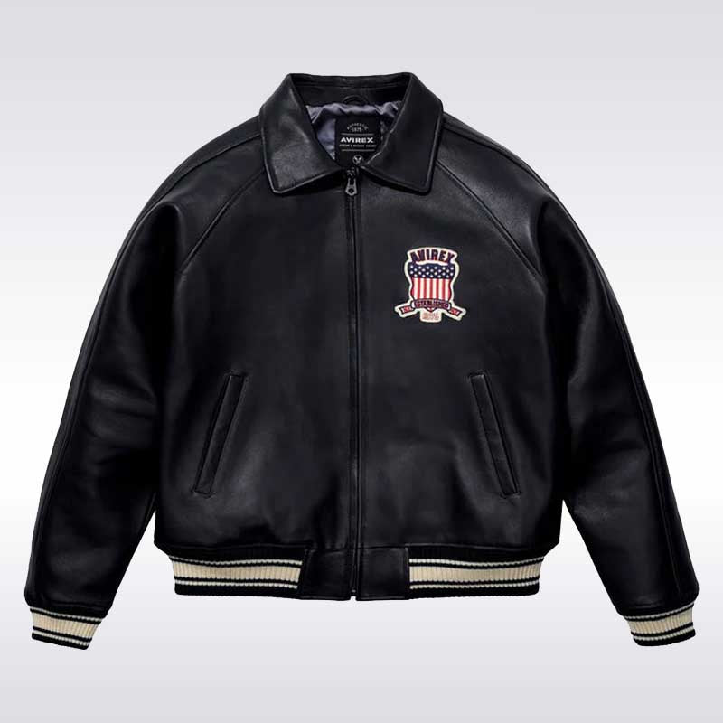 Men’s Avirex USA Black Leather Bomber Jacket with Patch