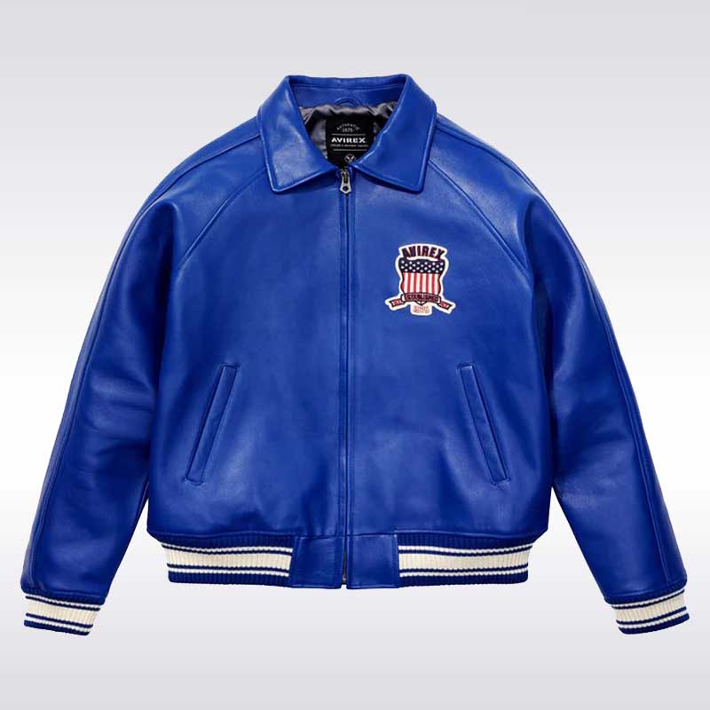 Men’s Avirex USA Mazarine Blue Leather Bomber Jacket
