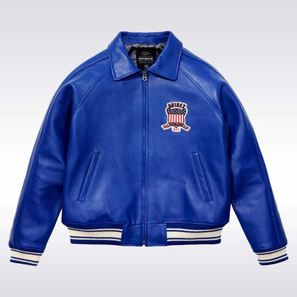 Men’s Avirex USA Mazarine Blue Leather Bomber Jacket