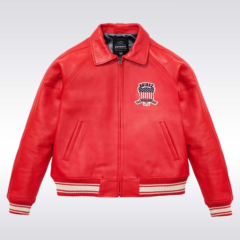 Men’s Avirex Red Leather Bomber Jacket with USA Patch