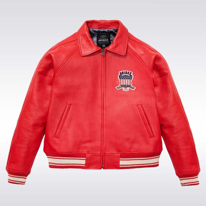 Men’s Avirex Red Leather Bomber Jacket with USA Patch