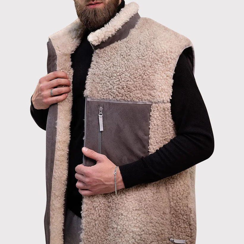 Men's Beige Sheepskin Vest with Wool Collar