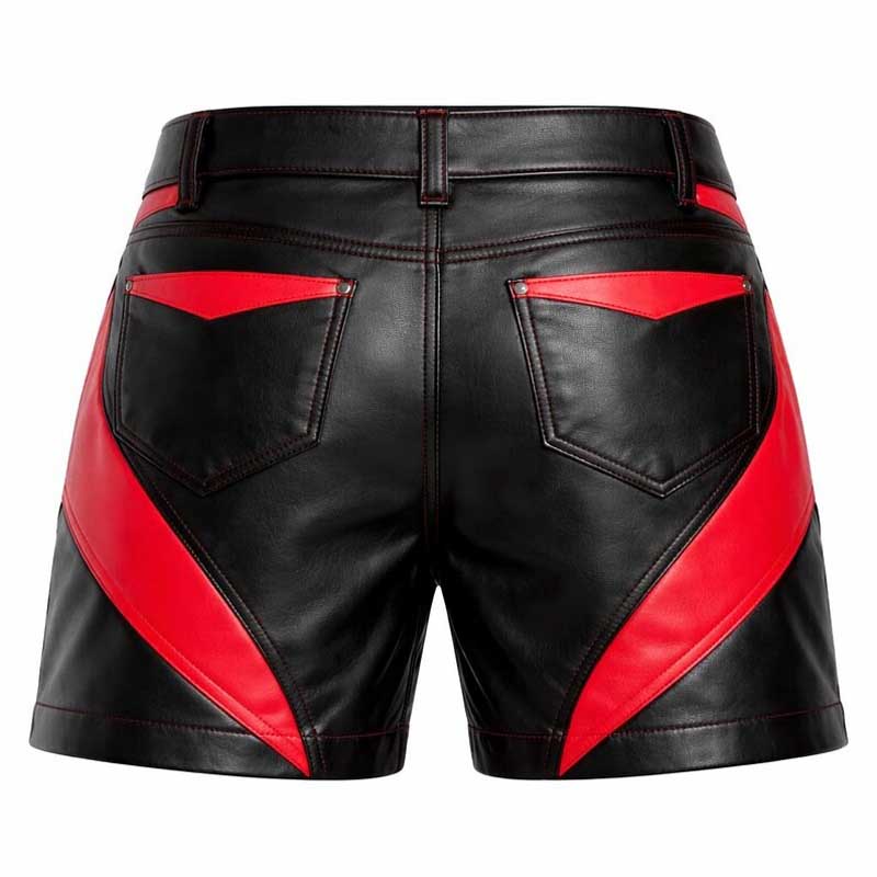 Mens Black and Red Leather Biker Shorts
