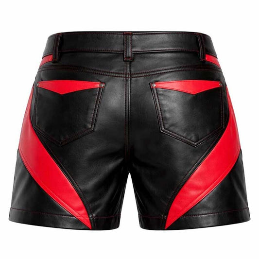 Mens Black and Red Leather Biker Shorts