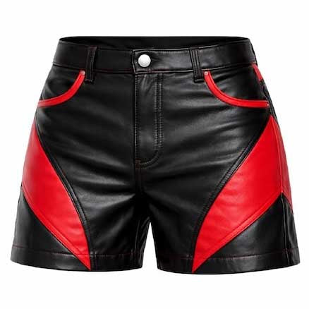 Mens Black and Red Leather Biker Shorts