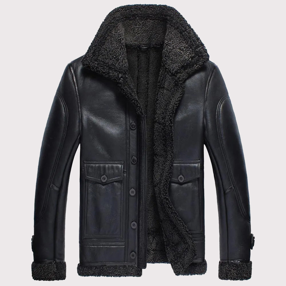 Black B-3 Flight Shearling Jacket for Men | Short Winter Coat