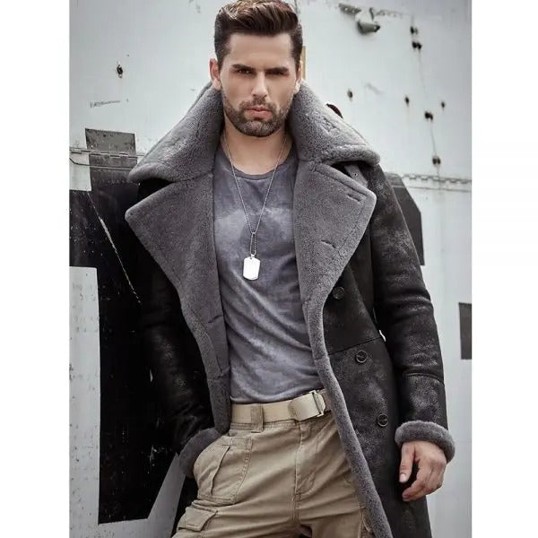 Men's Black B7 Shearling Leather Coat