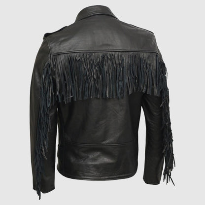 Men's Black Casual Biker Leather Jacket with Fringe Detail