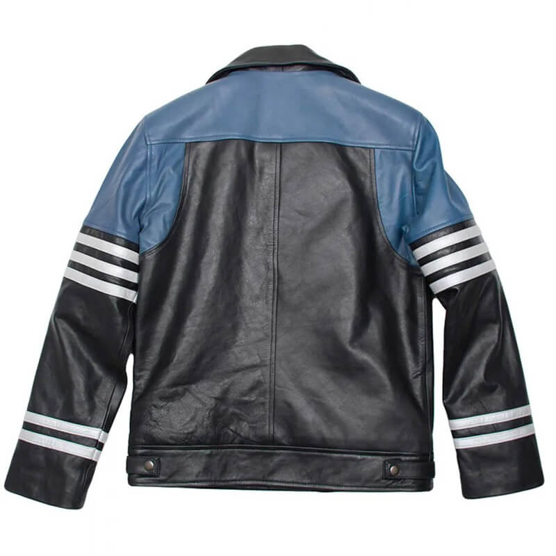 Men's Black and Blue Leather Biker Jacket with Striped Design