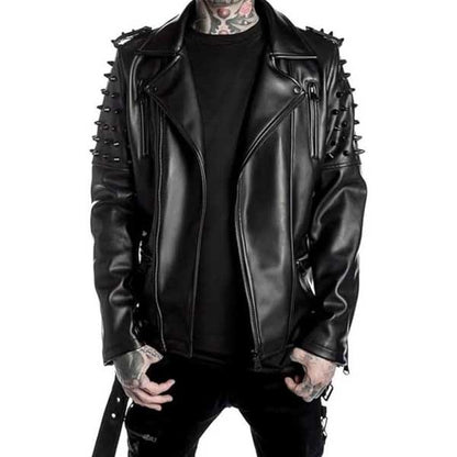 Mens Black Brando Studded Spike Leather Jacket