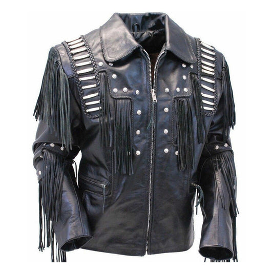 Men's Black Cowhide Leather Jacket with Cowboy Fringes and Beads