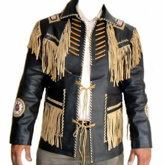 Men's Black Cowhide Leather Vintage Jacket - Fringed and Beaded Western Coat