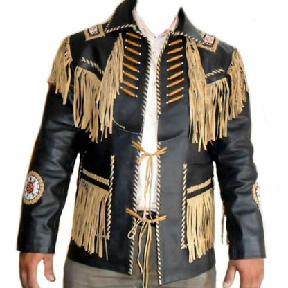 Men's Black Cowhide Leather Vintage Jacket - Fringed and Beaded Western Coat