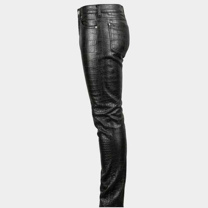 Men's luxury crocodile embossed leather pants side profile view by Jackets Kingdom