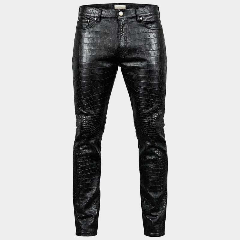Men's black crocodile embossed genuine leather biker pants front view by Jackets Kingdom