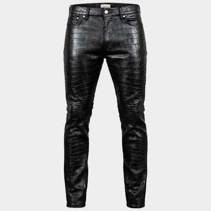 Men's black crocodile embossed genuine leather biker pants front view by Jackets Kingdom